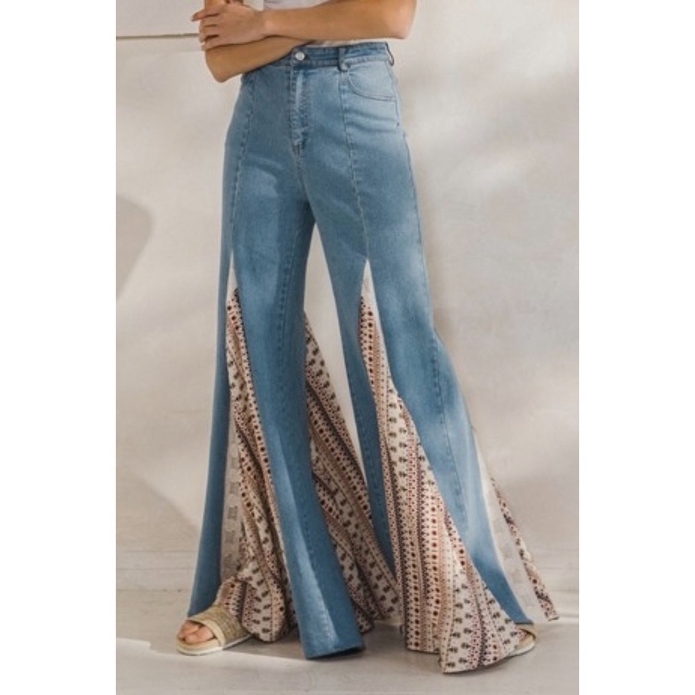 Wisteria Boho Floral Print & Lace High Rise Flare Leg Stretch Jeans - Picture 9 of 9